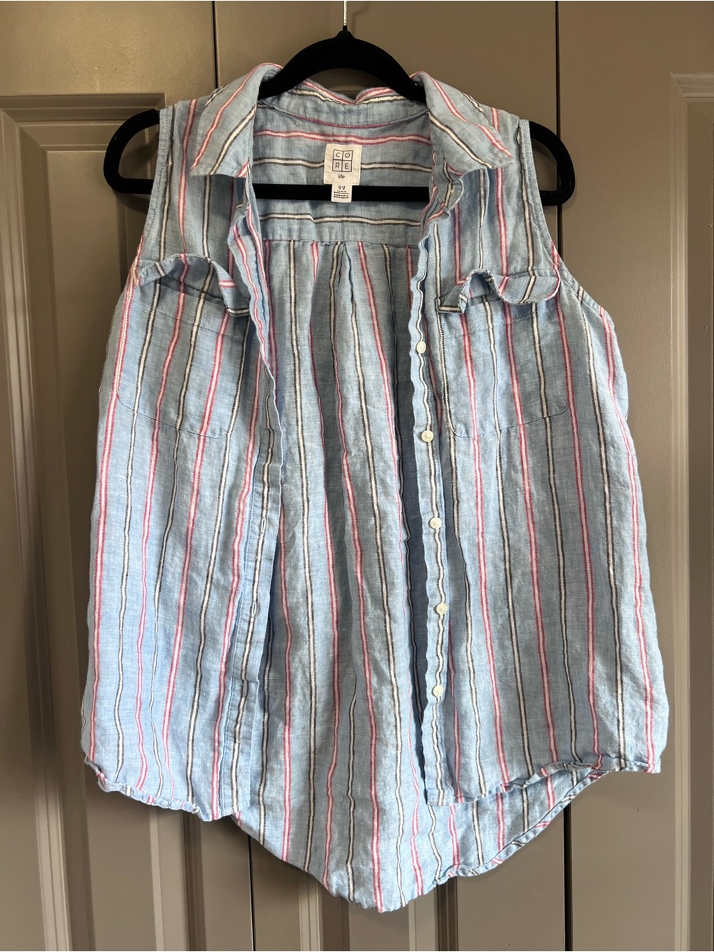 Light Blue Striped Sleeveless Button-Down Shirt